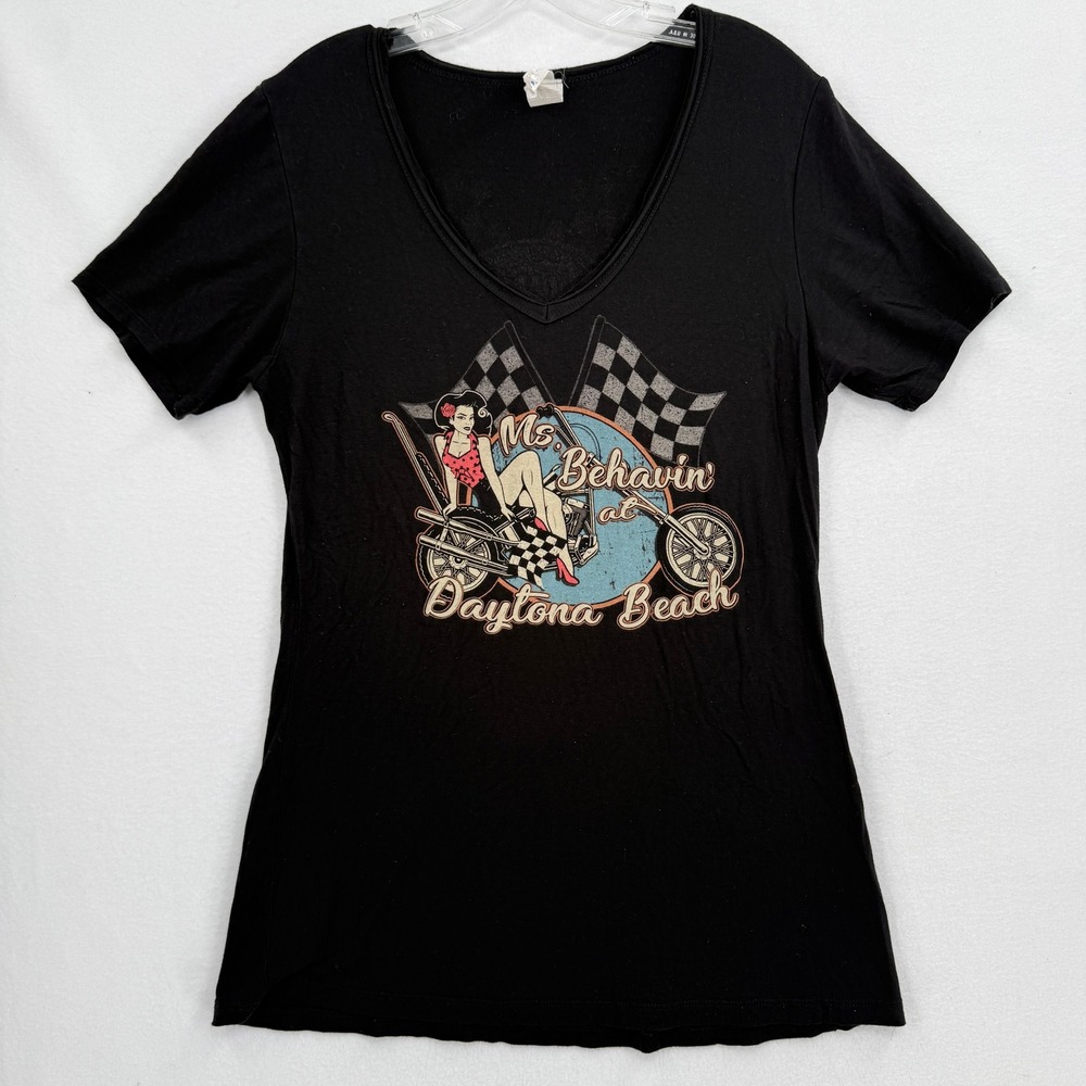 Liberty Wear T-Shirt Women XL Black Daytona Beach Pinup Girl V-Neck Graphic Tee